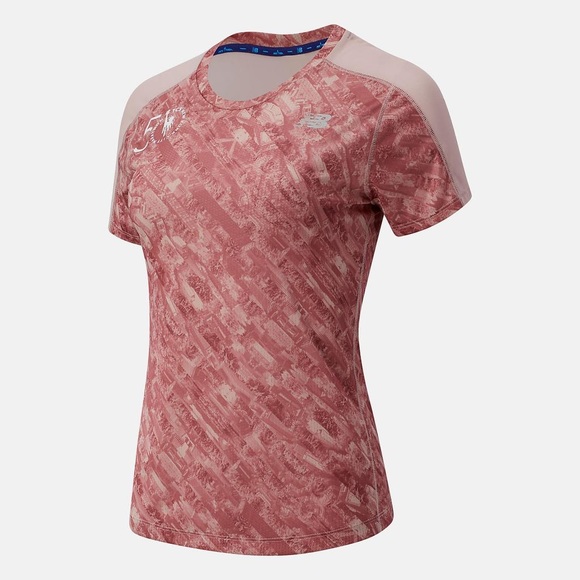 New Balance NYC Marathon Printed Impact Run Short Sleeve Shirt Saturn Pink - Picture 1 of 9